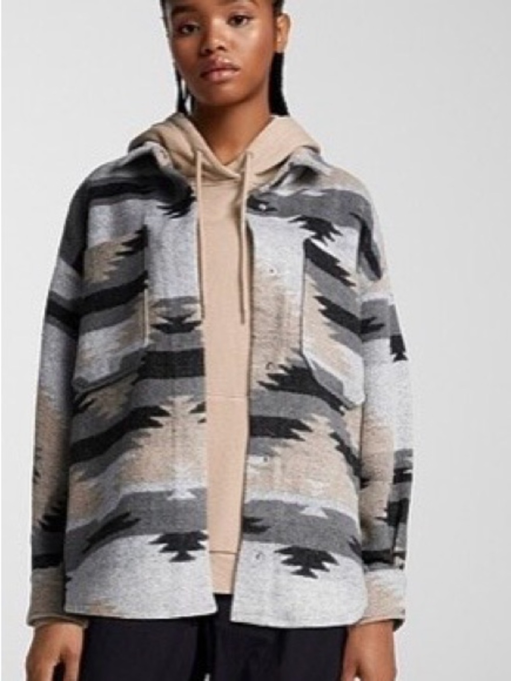 26 International Women's Grey and Tan Patterned Button-Front Cardigan
